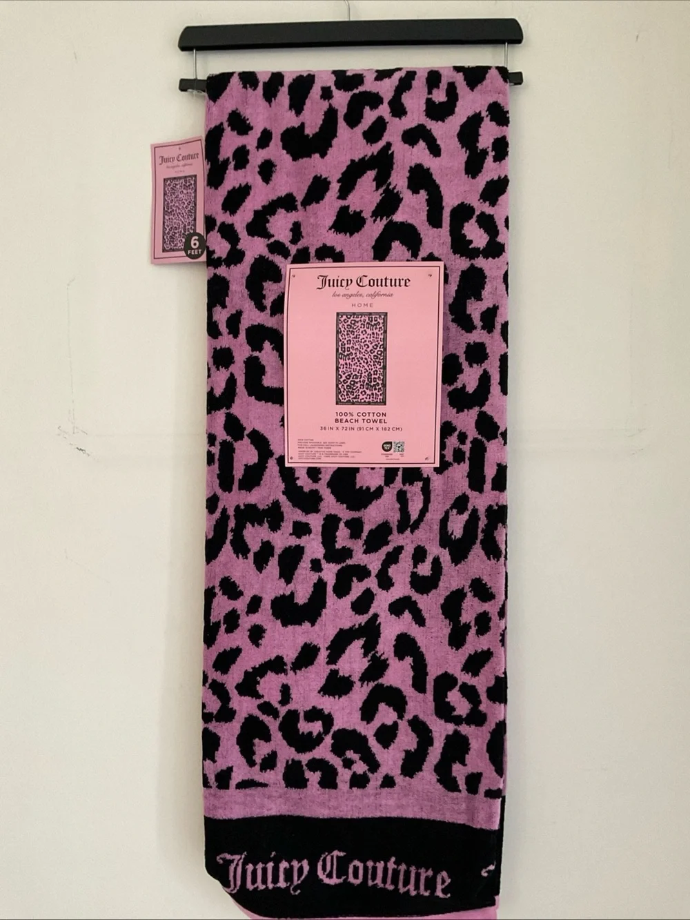 JUICY COUTURE PINK BLACK LEOPARD PRINT 6 FEET BEACH POOL TOWEL NWT